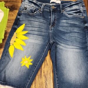 KanCan Blue and Yellow Ankle Cropped Shorts with Floral Details..Handpainted